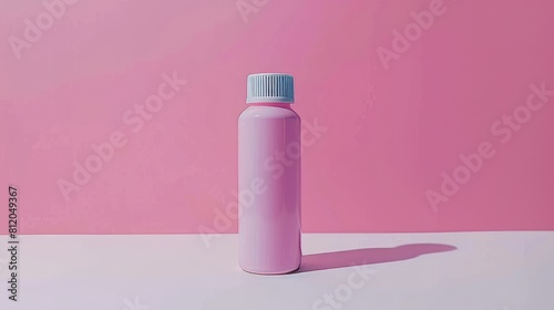 Pink bottle stands against pink wall.