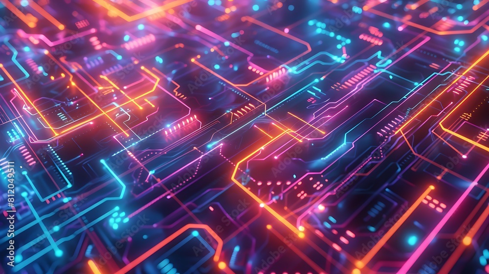 Glowing neon pathways intertwine across a labyrinth of circuitry, pulsating with digital energy