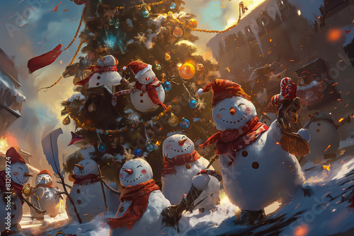 Party of snowmen having fun under the Christmas tree on the town square, idea for a funny retro card for New Year's holidays and Christmas photo