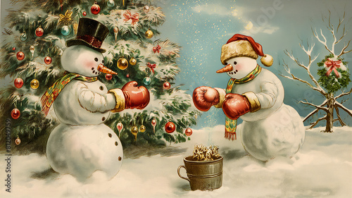 Retro card with gentlemen snowmen competing in a boxing match, funny Christmas card