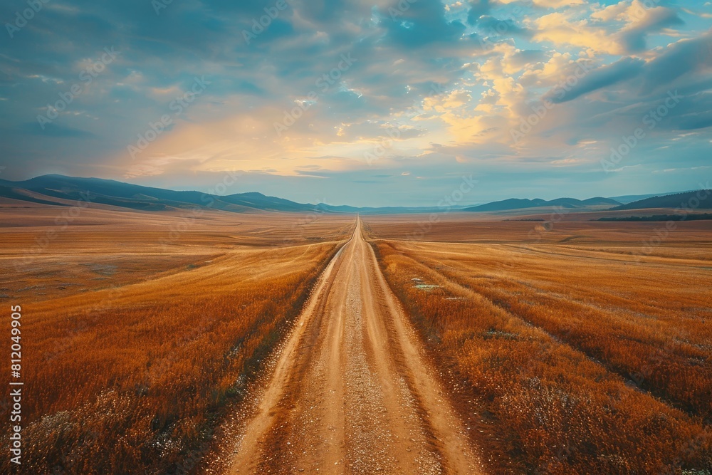 An expansive view of a dirt road cutting through golden fields under a dramatic sky, leading into the distant mountains.
An expansive view of a dirt road cutting through golden fields under a dramatic sky, leading into the distant mountains.