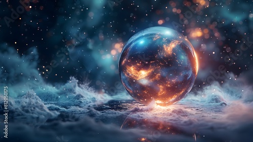 Crystal ball in space background filled with cosmic stars, planets, galaxies.