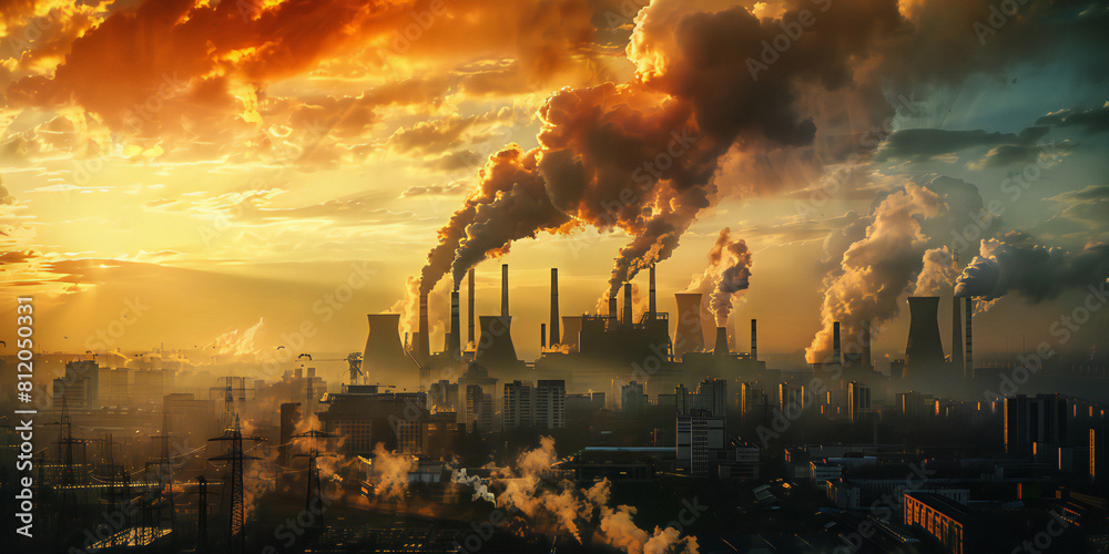 sunset over the city, A image of a coal-fired power plant with smokestacks emitting steam and pollution, showcasing the generation of electricity through