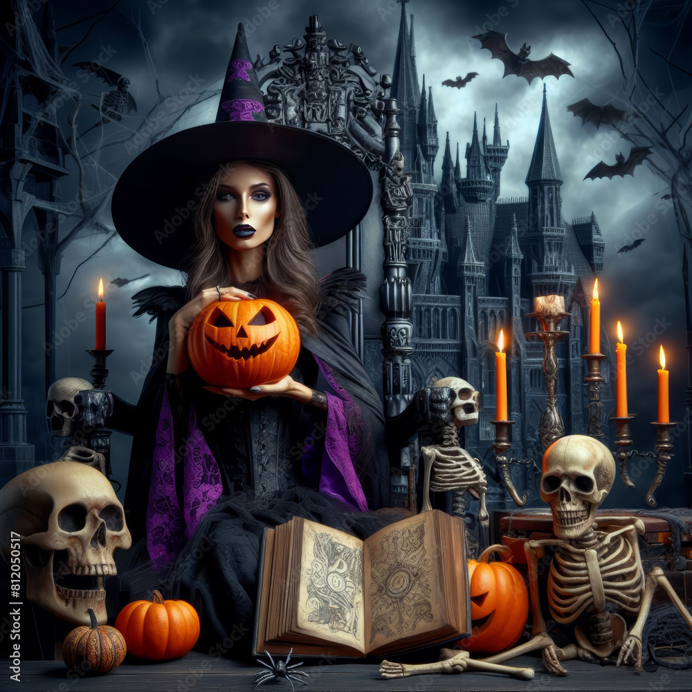 A witch on a throne in an ancient castle holds a Halloween pumpkin in her hand. There are skeletons nearby. A witch on a throne in an ancient castle holds a Halloween pumpkin in her hand. There are skeletons nearby.