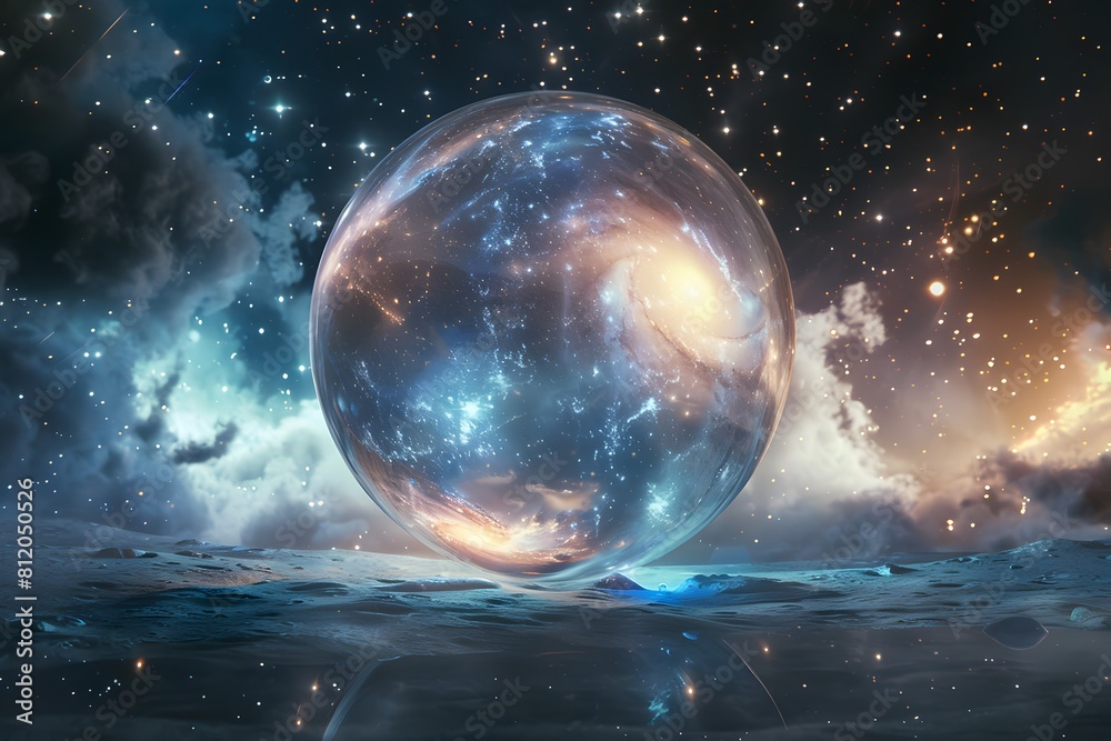 Crystal ball in space background filled with cosmic stars, planets, galaxies. Crystal ball in space background filled with cosmic stars, planets, galaxies.