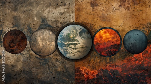 A series of five interconnected circles each filled with textures representing earth, water, fire, air, and ether, for a modern, graphic depiction.