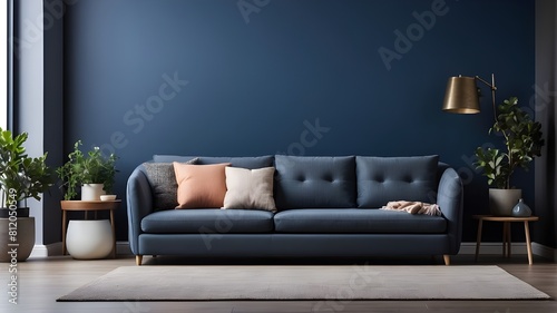 Couch in a comfortable modern living room against a blank  dark blue wall. Artificial Intelligence