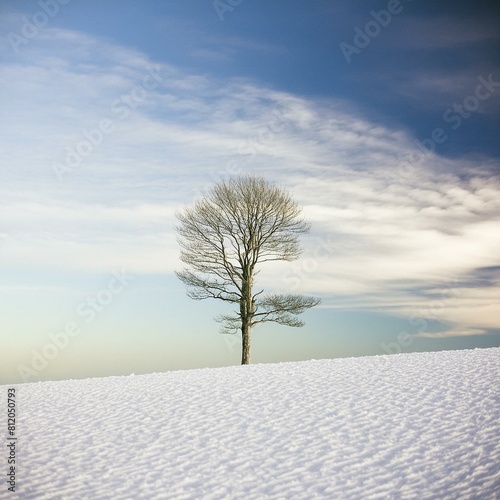 Imagina una imagen minimalista donde la simplicidad es la clave. En el centro de la escena, un único árbol desnudo se alza en un paisaje blanco y sereno, sin ningún otro elemento a la vista. El cielo  photo