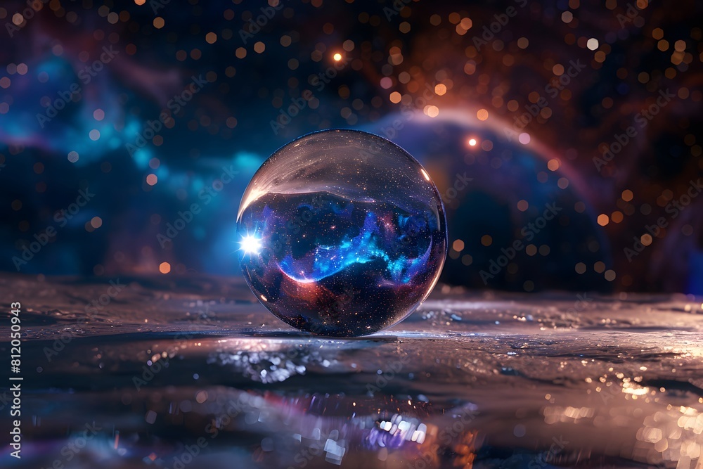 Crystal ball in space background filled with cosmic stars, planets, galaxies. Crystal ball in space background filled with cosmic stars, planets, galaxies.
