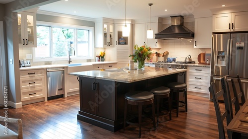 A contemporary kitchen renovation remodeling featuring a center island hardwood floor and quartz counter photo