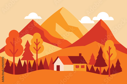 Watercolor autumn vector landscape in orange color. Illustration of mountains  trees  house. Design for print  poster  postcard