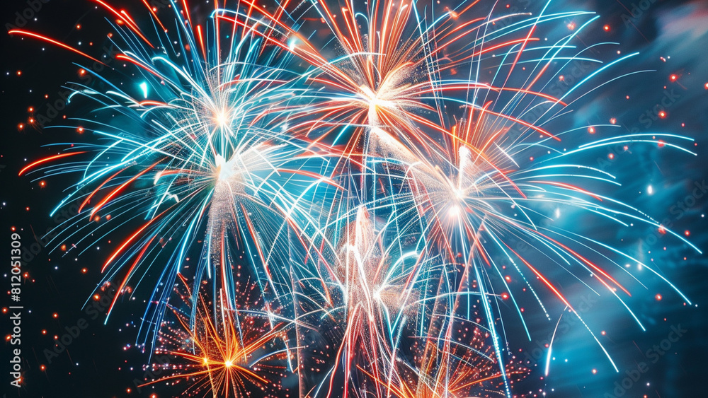 blue, red and orange firework display exploding in the sky over the city, wide 16:9 blue, red and orange firework display exploding in the sky over the city, wide 16:9
