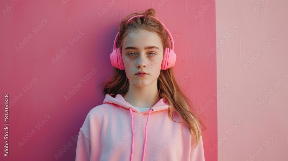 Fototapeta premium A Caucasian girl sporting a pink sweatshirt and matching headphones stands against a backdrop with a similar color tone embodying a theme of music podcasts and audiobooks This image capture