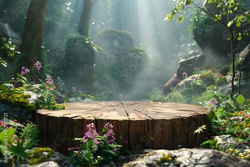 Stone podium at magic forest, plants, green moss, herbs, dew - 3D mockup background beauty product presentation concept. Copy space platform for Cosmetics, perfume fashion sales advertising stand.