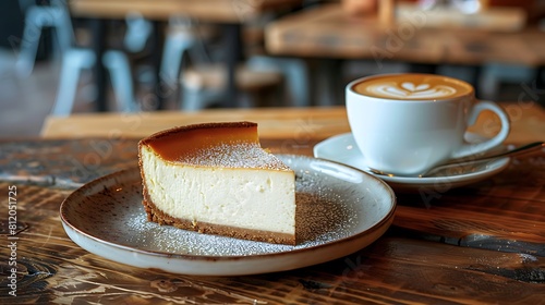A slice of Cheesecake on a plate with a coffee in a cafe