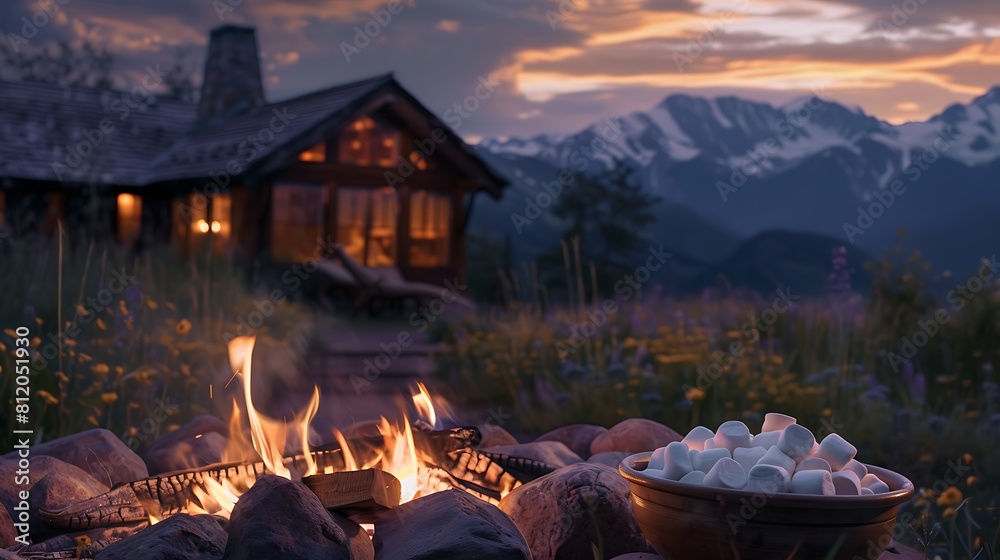 A twilight scene displaying a bowl of marshmallows ready for toasting beside a roaring backyard fire pit with a serene mountain backdrop A twilight scene displaying a bowl of marshmallows ready for toasting beside a roaring backyard fire pit with a serene mountain backdrop