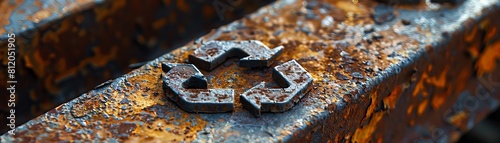 close up of rusted metal recycling symbol on steel beam bar, macro photography, macro lens, background with blurred rusty steel bars texture, banner format