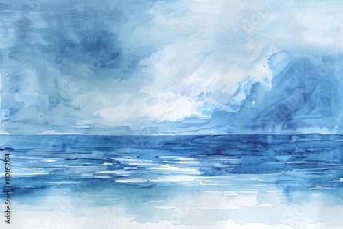 Watercolor Water Background. Beautiful Abstract Art of Blue Sea and Sky on Soft Paper