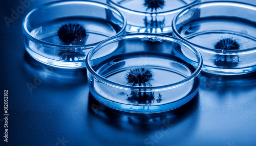 Close-up of glass petri dish with mold samples. Laboratory experiments and scientific experiment photo