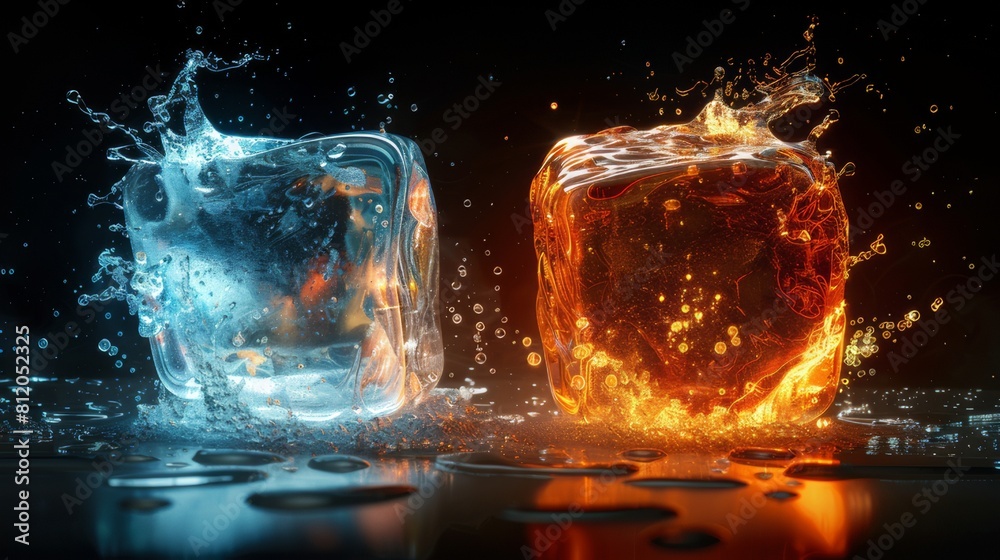 Ice cubes, Ice, behind which there is a fire, flame, on a black background. Confrontation between ice and fire. Ice against fire.