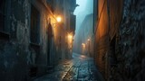 Medieval Street. Dark and Narrow Alleyway in Old European Town on a Foggy Night. Bergamo, Citta Alta, Lombardia