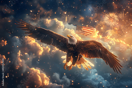 Flying eagle with American flag and fireworks on background, 4 July Independence Day celebration.