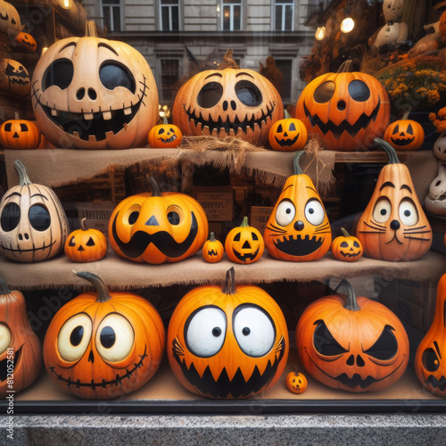 Evil and funny pumpkins for Halloween lie on the shelves in a store window.