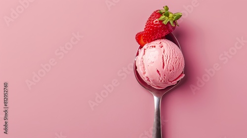 Top view of a pink strawberry ice cream ball in a spoon