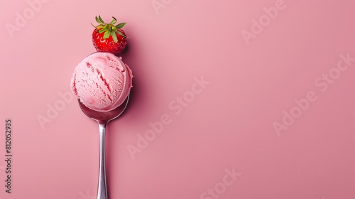 Top view of a pink strawberry ice cream ball in a spoon photo