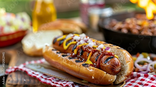 bbq hotdog with mustard relish ketchup and onions with potato salad and baked beans at a picnic