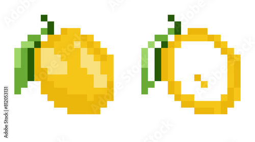 lemon pixel icons Vector illustration on isolated background. Minimalistic 8-bit icon in retro style. Ideal for use in retro games, food labels, juice labels, kids products, or healthy lifestyle