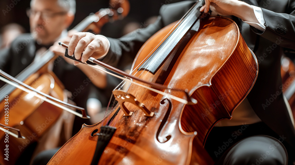 Close up of cellist hands skillfully playing cello in orchestra. Rich glossy wood of cello highlights craftsmanship and musical passion Close up of cellist hands skillfully playing cello in orchestra. Rich glossy wood of cello highlights craftsmanship and musical passion