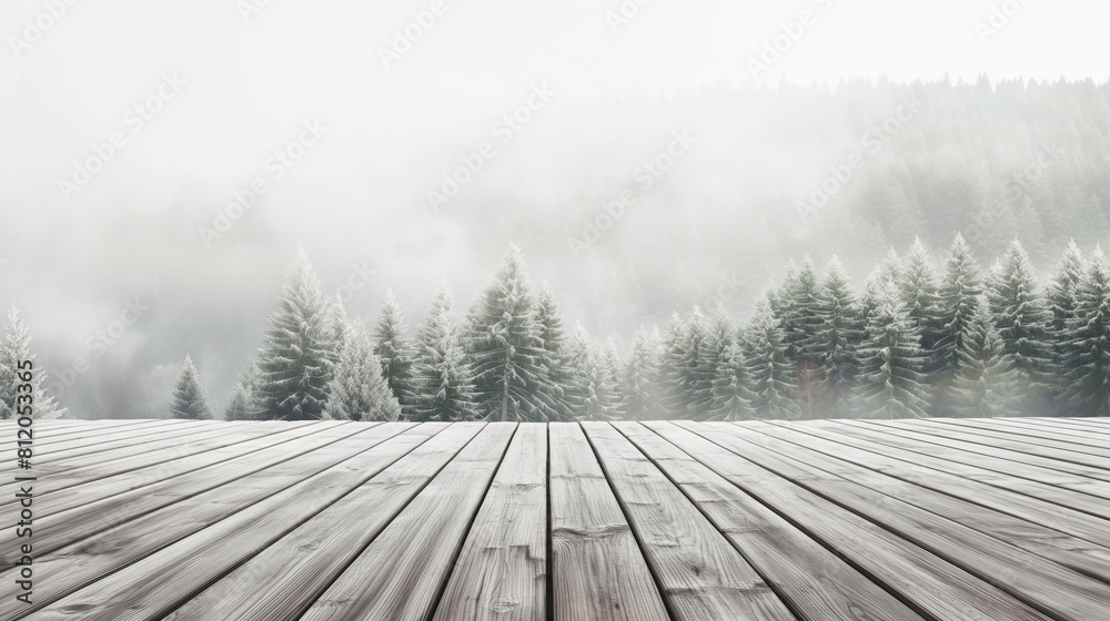 Wooden planks lead to winter landscape of frost covered pine trees enveloped in fog. Serene and cold nature scene evokes tranquility and isolation Wooden planks lead to winter landscape of frost covered pine trees enveloped in fog. Serene and cold nature scene evokes tranquility and isolation