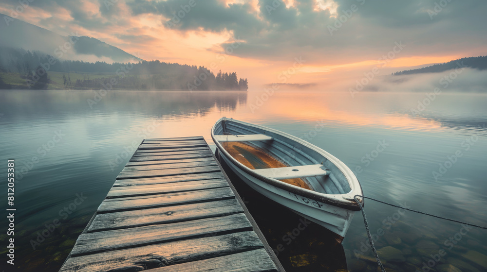 Fototapeta premium Old wooden boat moored at a jetty on a tranquil lake at sunrise. Misty morning and soft light evoke a peaceful, reflective mood