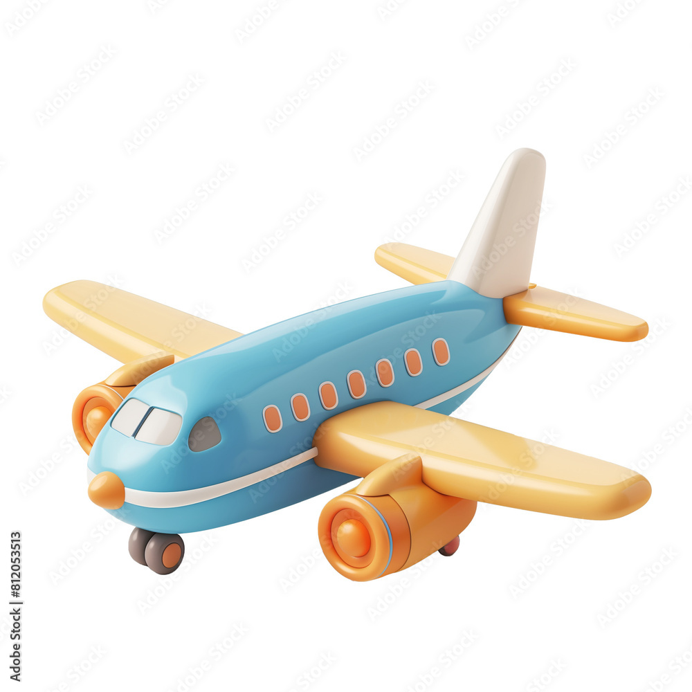Fototapeta premium Cute 3D Cartoon Airplane Icon with Blue Fuselage and Yellow Wings