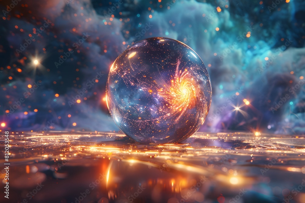 Crystal ball in space background filled with cosmic stars, planets, galaxies. Crystal ball in space background filled with cosmic stars, planets, galaxies.