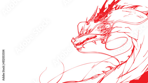 A dragon in Manga drawing lines style on a transparent background with copy-space. Close up of a Chinese traditional dragon head in flat red outline isolated on a white background. Volume 1.