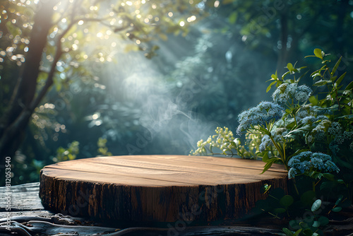 Stone podium at magic forest, plants, green moss, herbs, dew - 3D mockup background beauty product presentation concept. Copy space platform for Cosmetics, perfume fashion sales advertising stand.