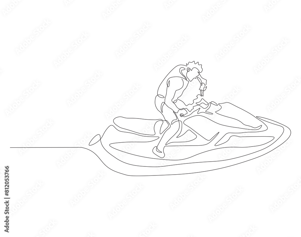 Continuous one line drawing of riding jet ski. One line drawing illustration of jet ski sport. Extreme sea sport concept continuous line art. Editable outline.
Continuous one line drawing of riding jet ski. One line drawing illustration of jet ski sport. Extreme sea sport concept continuous line art. Editable outline.