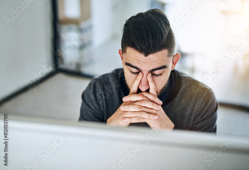 Photos Businessman, eye strain and tired with stress by computer in office with burnout, migraine and top view by desk