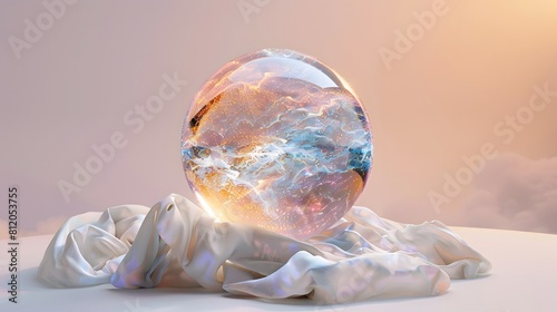 Crystal ball on white background in studio lighting scene.