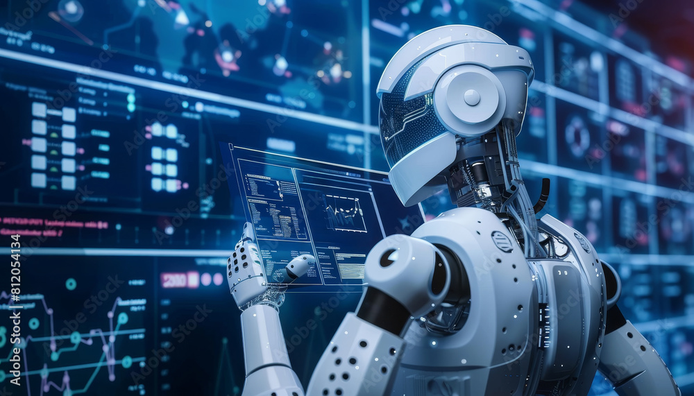 A robot is looking at a computer screen with a lot of numbers and graphs by AI generated image A robot is looking at a computer screen with a lot of numbers and graphs by AI generated image