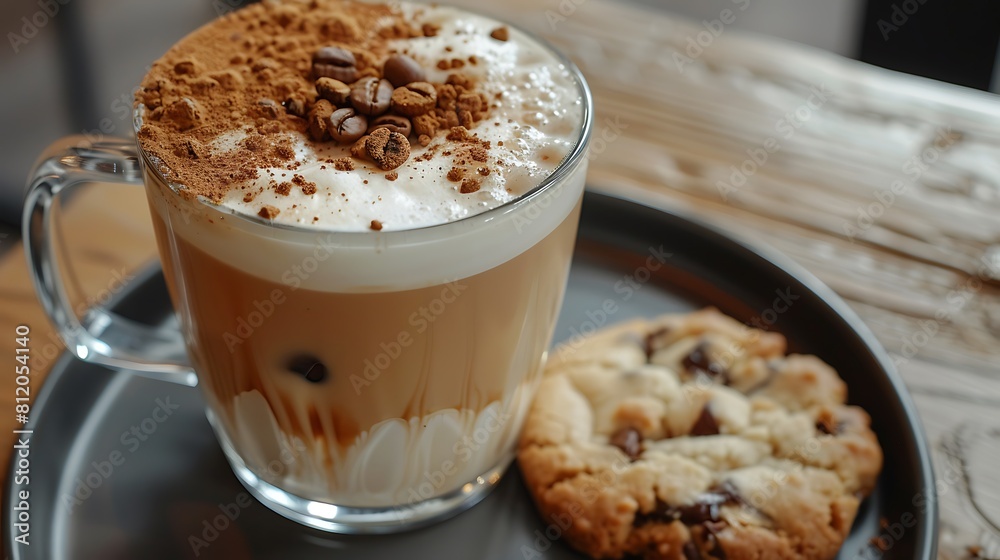 Close up view of a hot latte with a crispy cookie on the side in a local coffee shop Close up view of a hot latte with a crispy cookie on the side in a local coffee shop