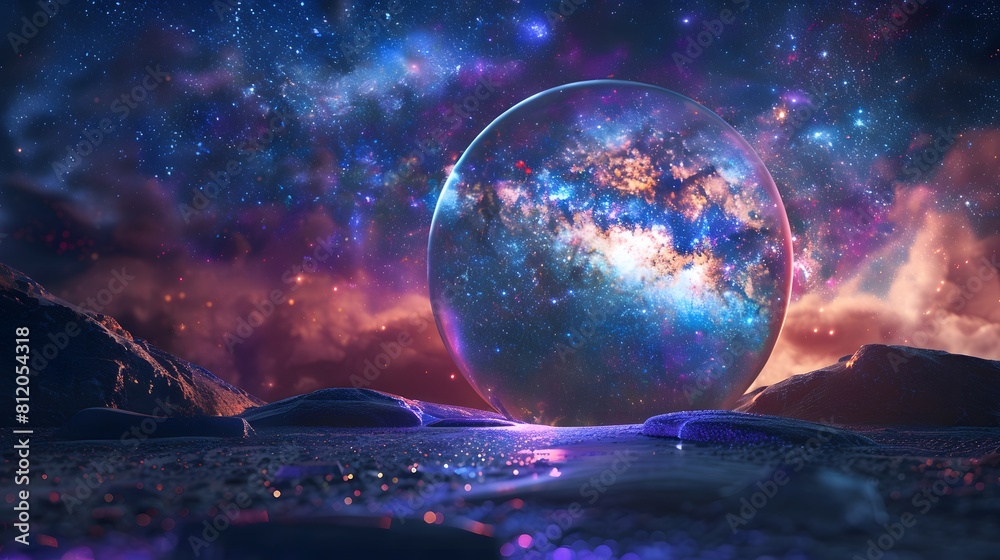 Crystal ball in space background filled with cosmic stars, planets, galaxies. Crystal ball in space background filled with cosmic stars, planets, galaxies.