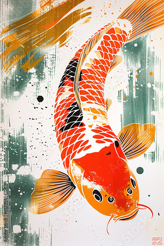 Risograph of gongbi painting of Koi fish, splashy colors, on white background photo