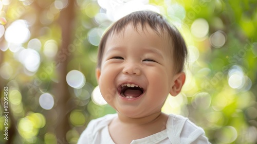A joyful one year old Asian boy with a beaming smile proudly displaying his baby teeth radiating happiness as he laughs in front of the camera against a backdrop of green nature
