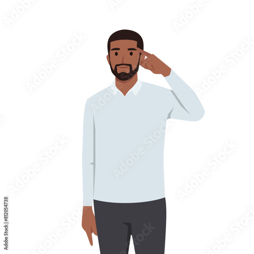 Man touches temple with finger wanting to show presence of idea or important thoughts. Flat vector illustration isolated on white background