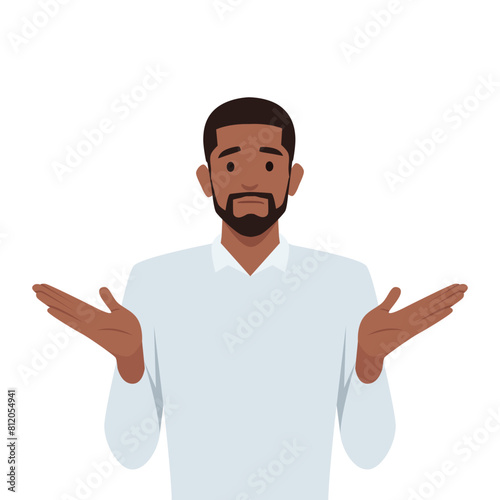 Gesture oops, sorry or I do not know. Black man shrugs and spreads his hands. Flat vector illustration isolated on white background