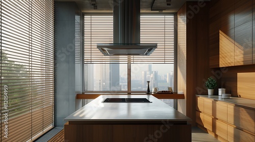 contemporary domestic kitchen with wooden elements a large window with blinds on the left and the kitchen island with induction hob on the right