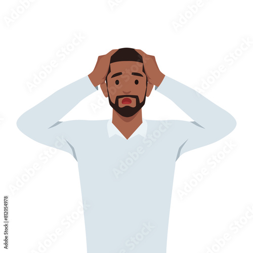 Young man confused in Casual wear scratching his head. Unhappy man in puzzled expression. Flat vector illustration isolated on white background
